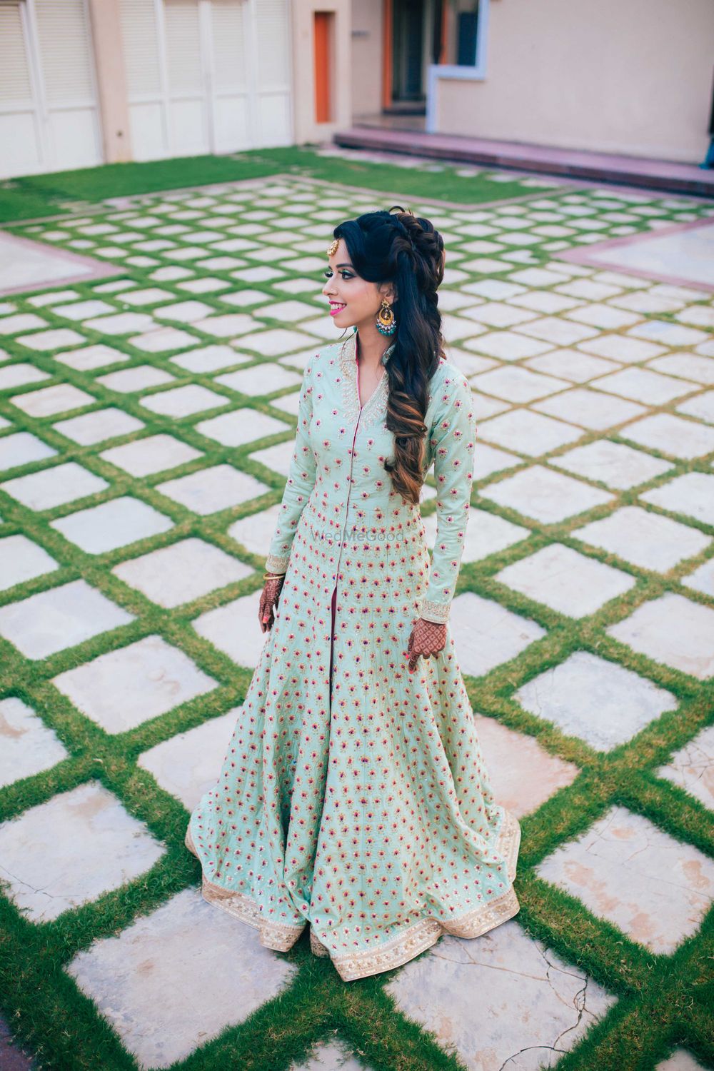 Photo of Mint Anarkali with Pink and Gold Motifs