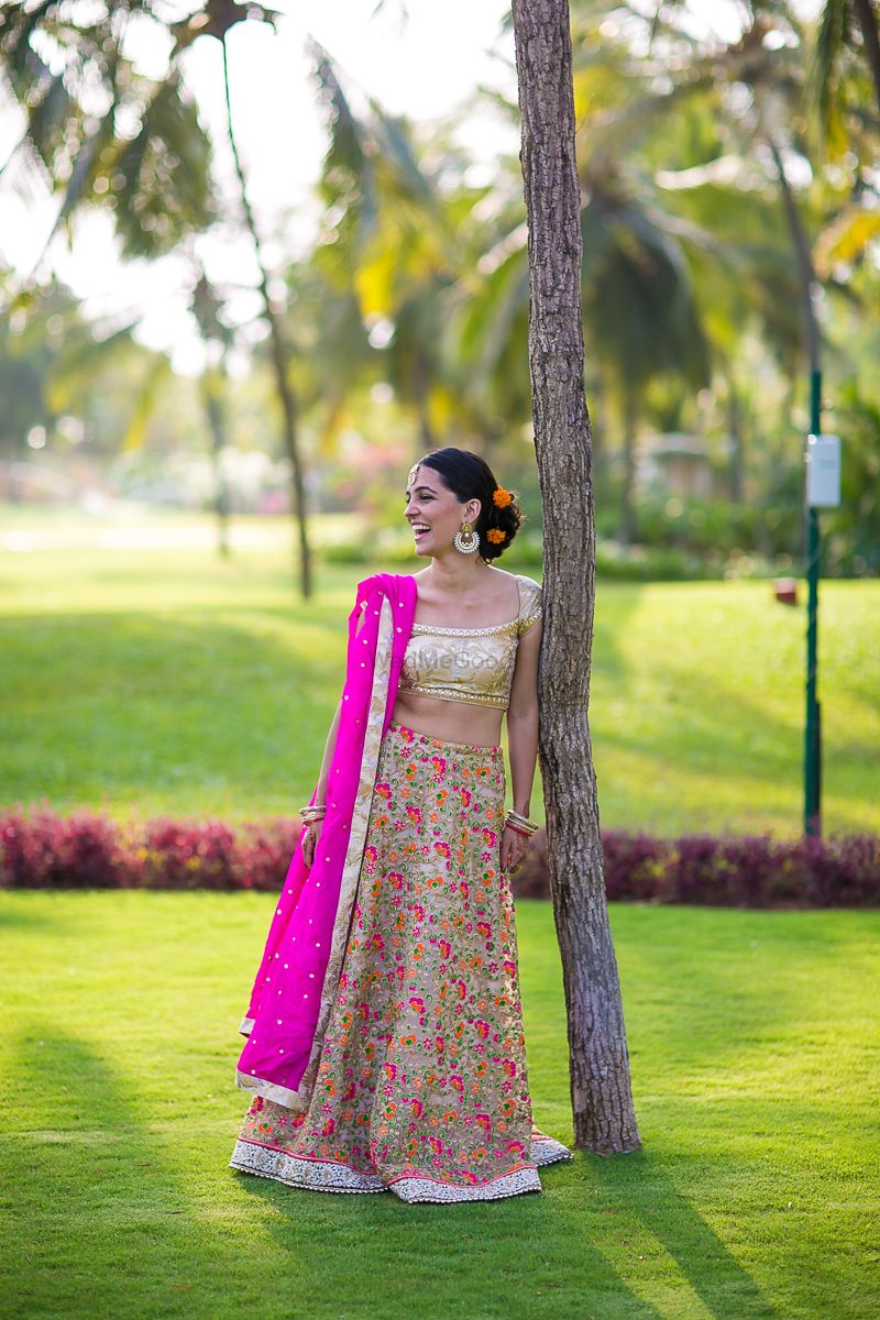 Photo of Thread Work Gold and Pink Sister of the Bride Lehenga