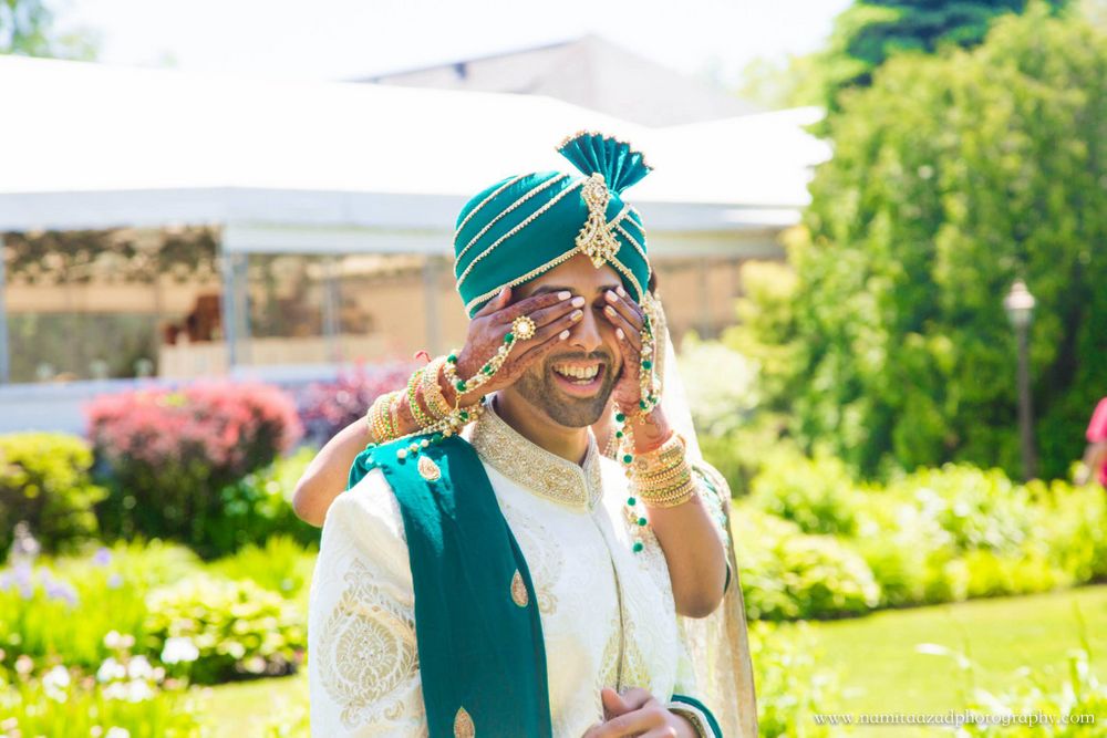 Photo of Groom in Teal and Off White Sherwani and Safa