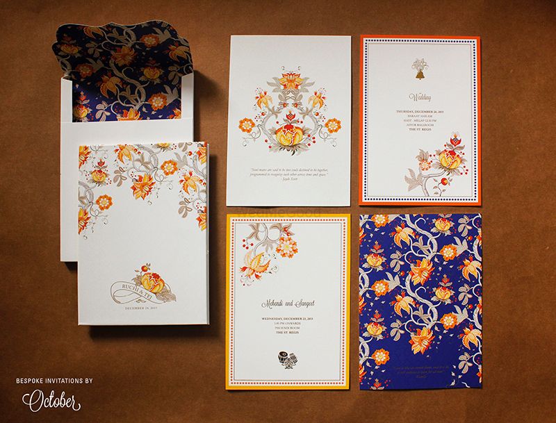 Photo of Simple Modern Floral Wedding Card in Blue and Orange
