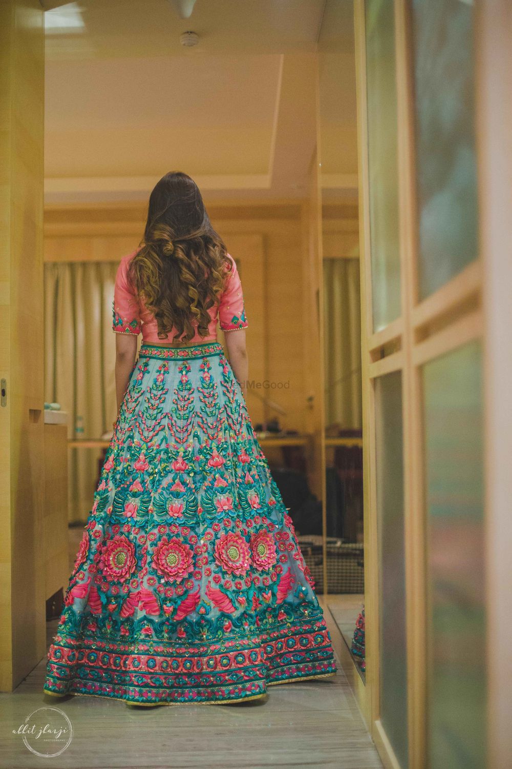 Photo of pink and aqua floral thread embroidered anarkali