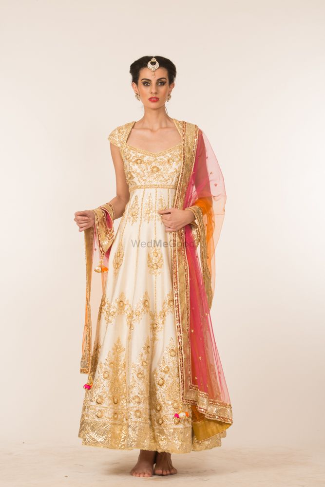 Photo of Off White and Gold Anarkali with Colourful Dupatta