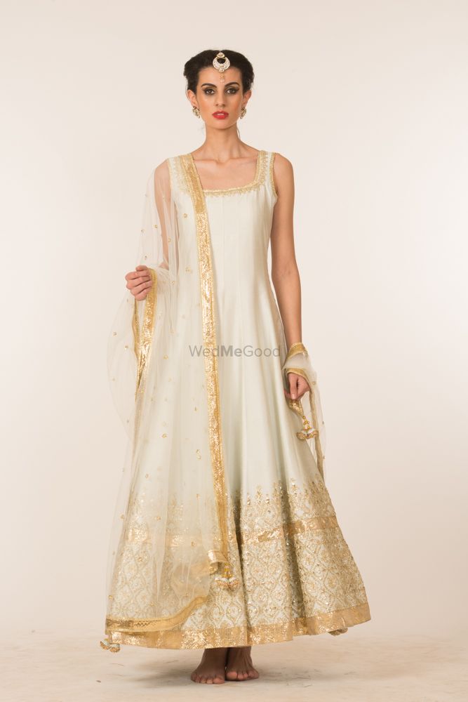 Photo of White and Gold Light Anarkali with Thread Work