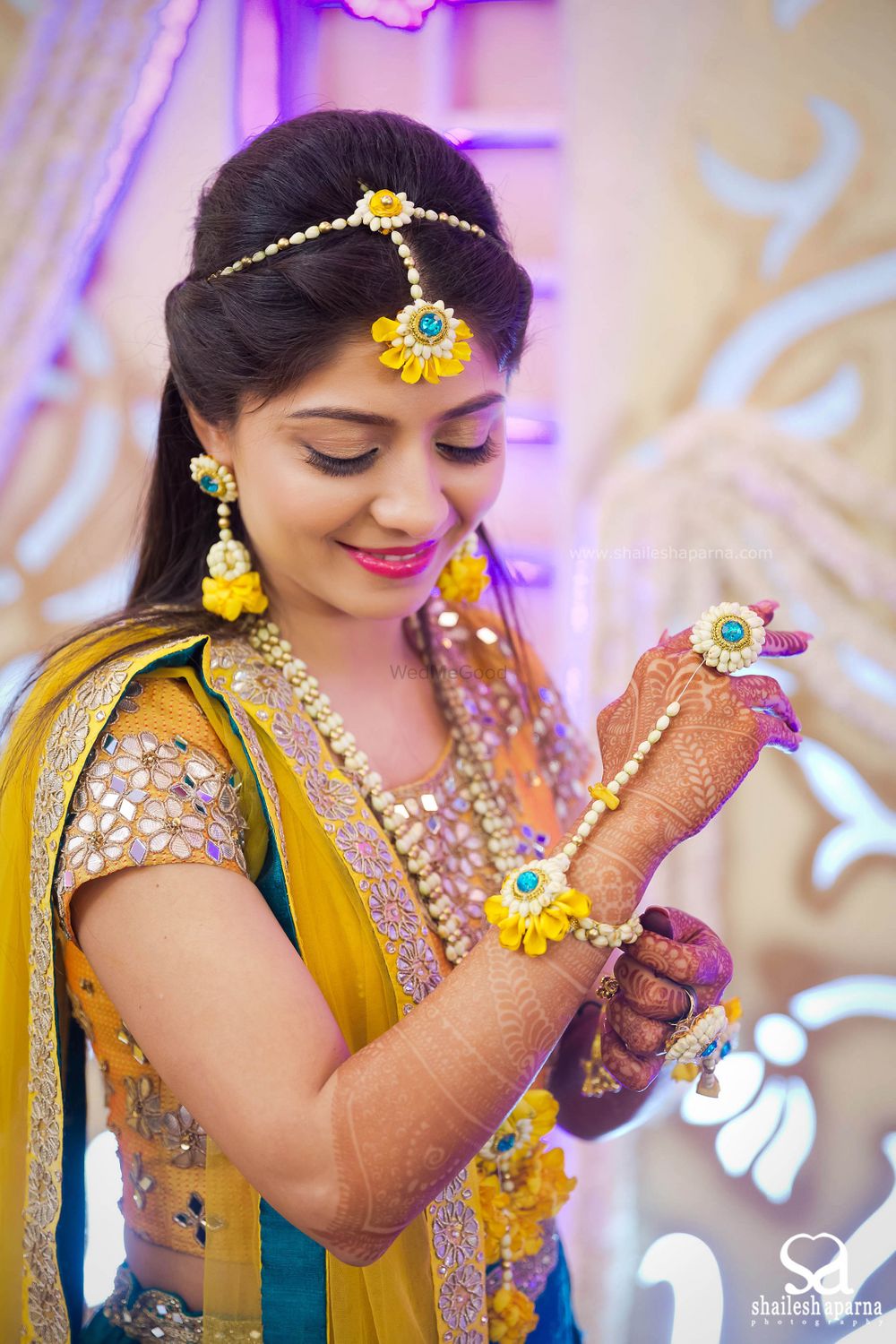 Photo of Yellow and Blue Floral Jewellery for Haldi and Mehendi
