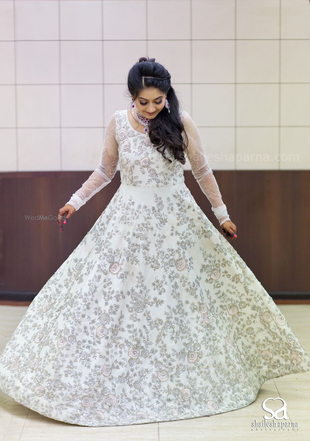 Photo of White Evening Gown with Silver Floral Thread Work