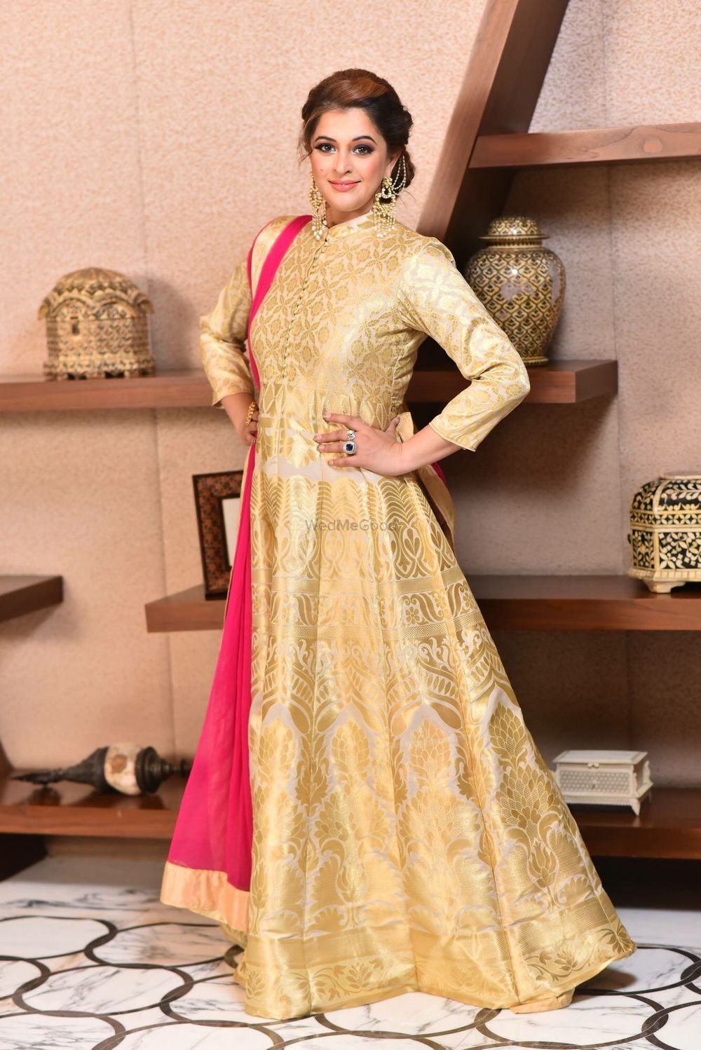 Photo of Gold and White High Neck Anarkali with Pink Dupatta