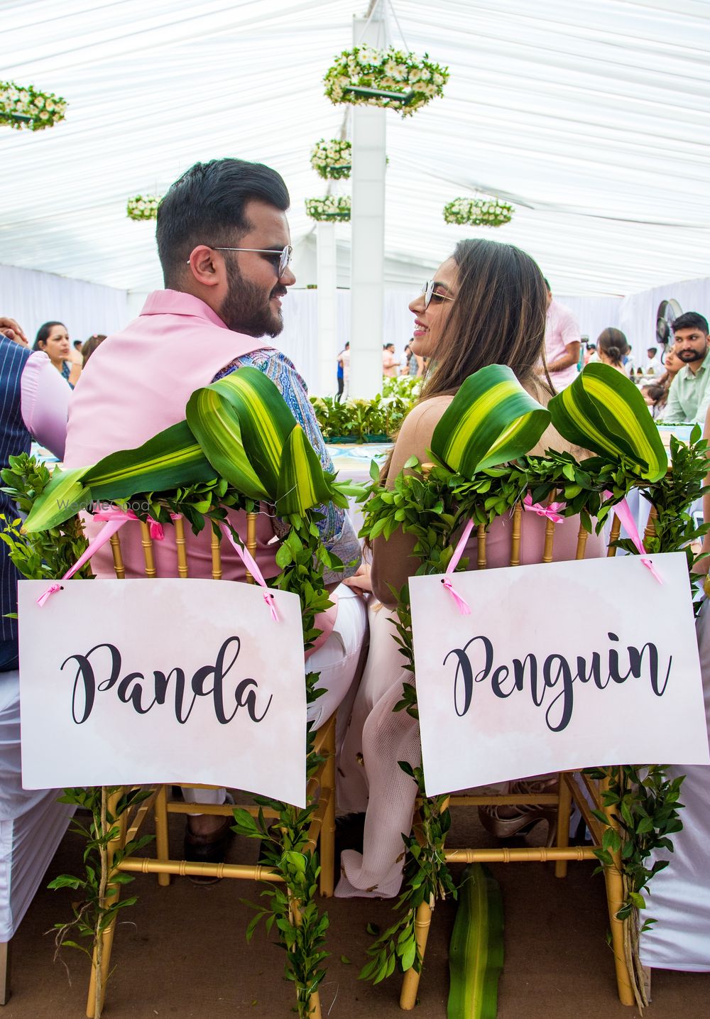 Photo of Chair back decorated with name tags and leaves