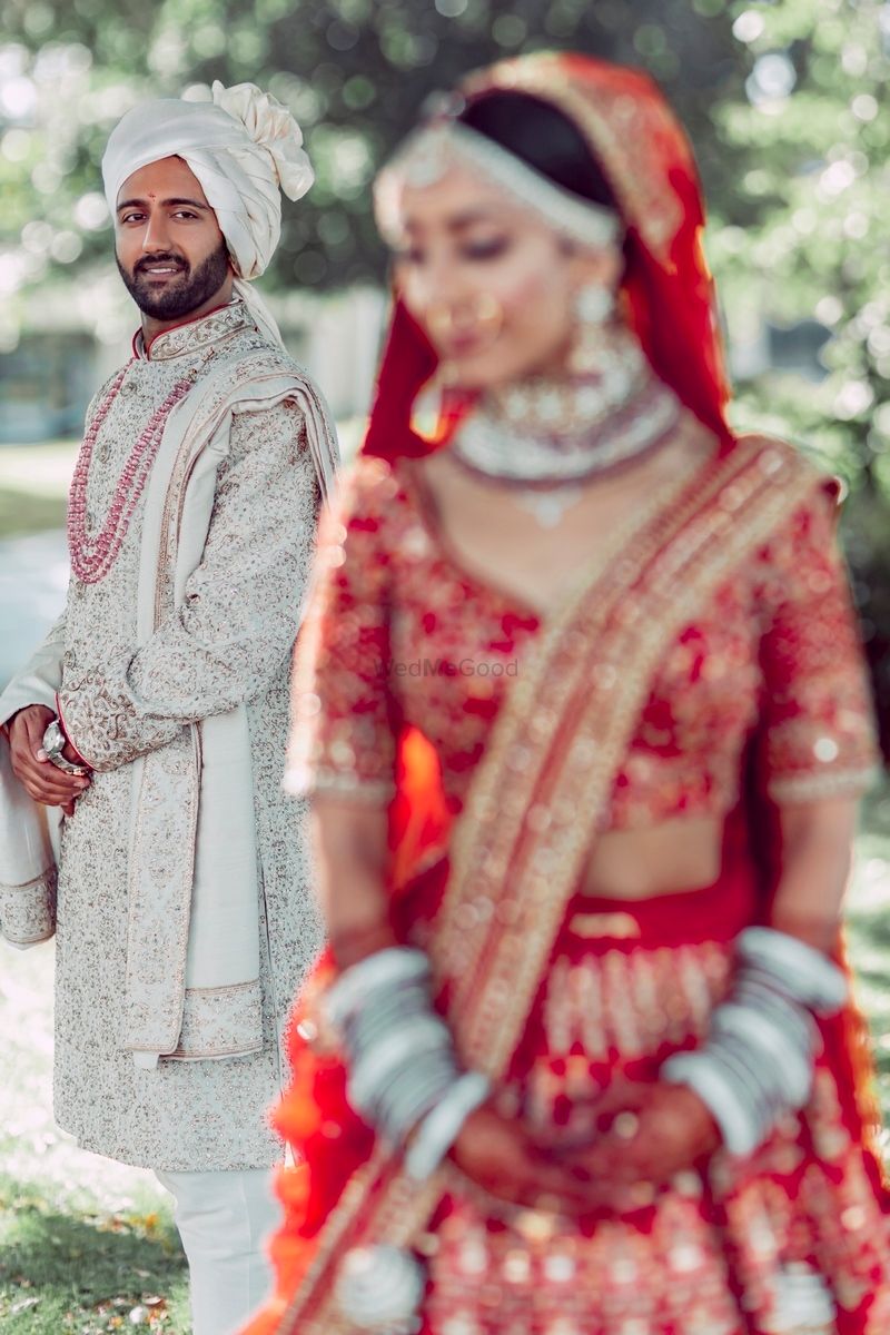 Photo of nice groom portrait idea in silver grey sherwani
