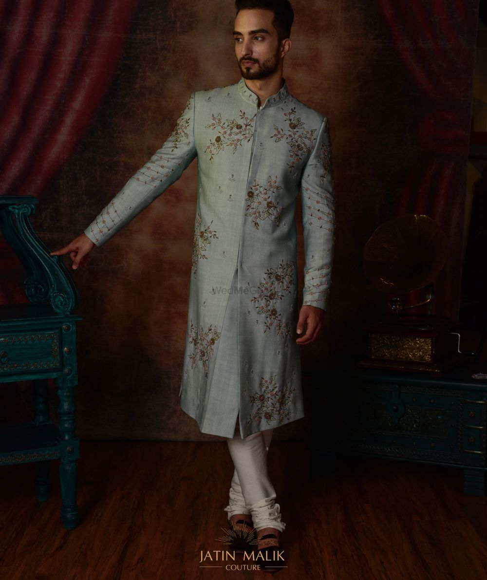 Photo of A sage green sherwani for grooms.
