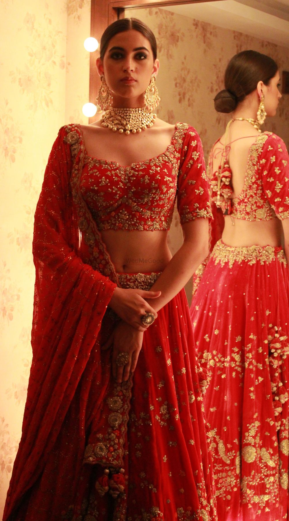 Photo of Bright Red Bridal Lehenga with Simple Gold Zardozi Work