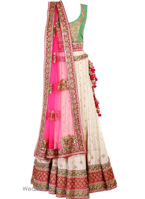 Photo of mint green blouse with white lehenga and pink dupatta