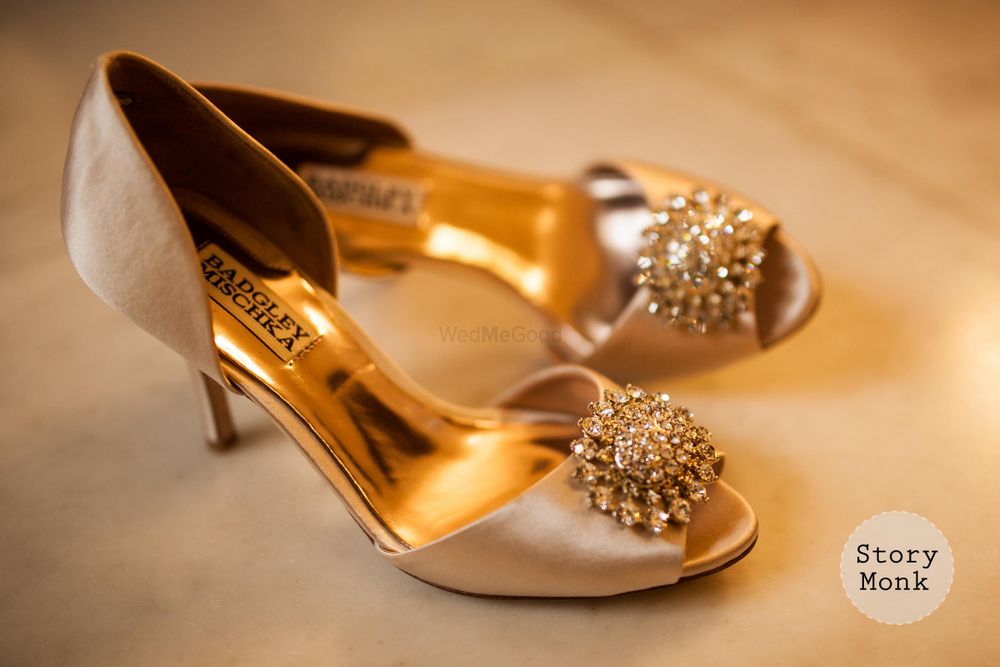 Photo of Dull Gold Satin Heels with Golden Motifs