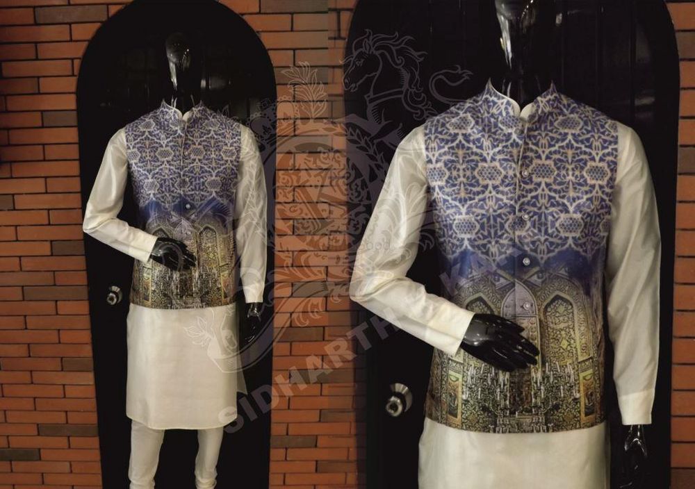 Photo of textured offbeat nehru jacket with motif and self embossing over white kurta