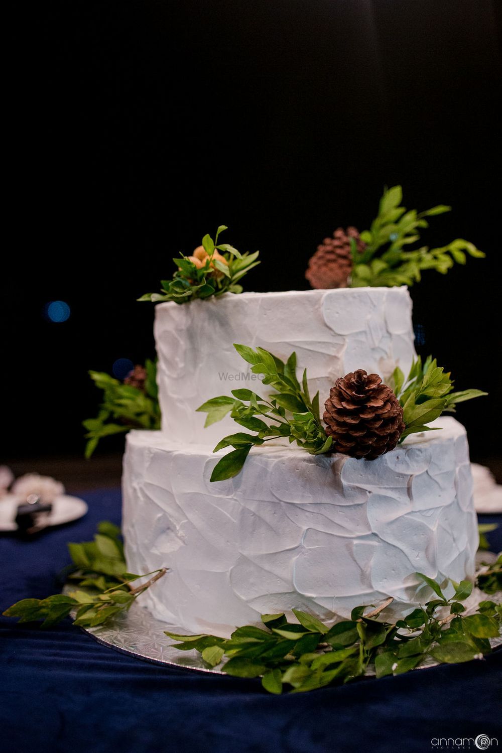 Photo of Two-tiered cake decorated with leaves.