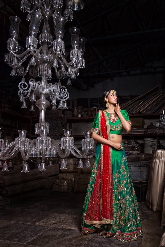 Photo of Parrot Green Lehenga with Red Dupatta and Border