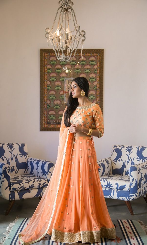 Photo of Peach lehenga with sequin work for engagement