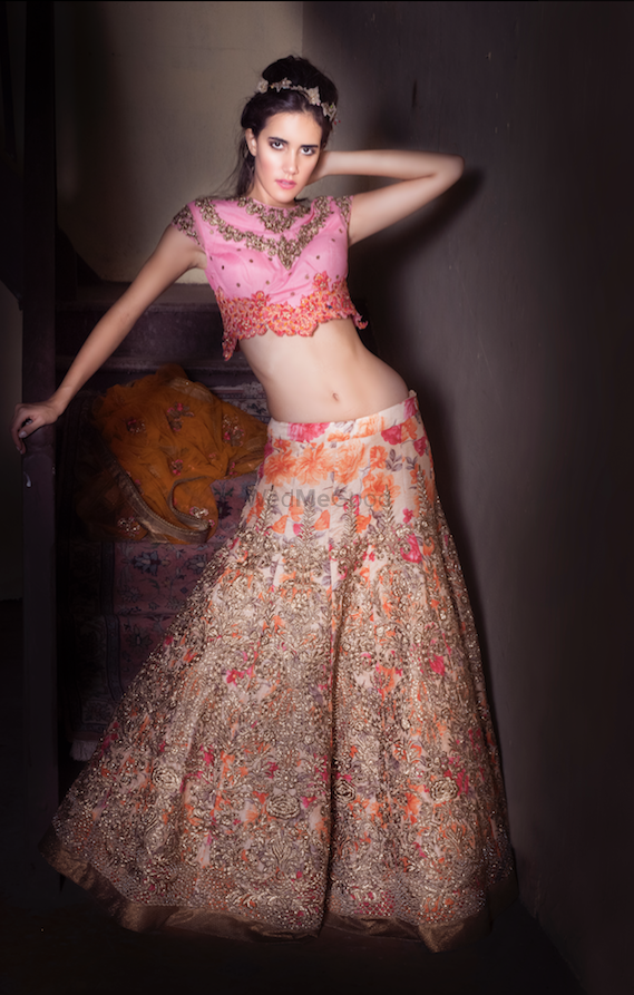Photo of Light pink and red floral lehenga with zardozi work