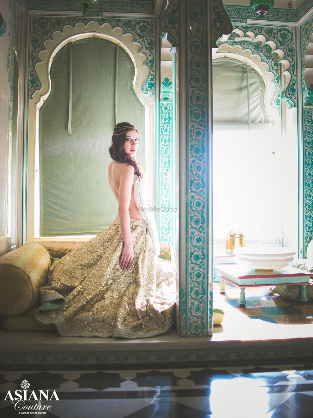 Photo of sparkly sequinned mint green lehenga with white