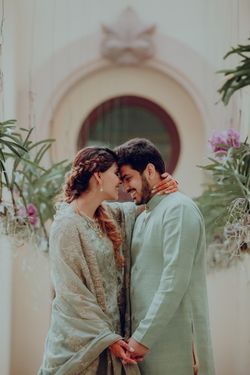 sachin and babi light blue dress Latest Engagement Outfit Ideas for Couples in 2024 main image 1