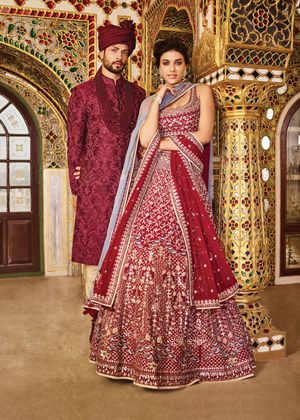 deep jewel toned rich red all over threadwork bridal lehenga in one color