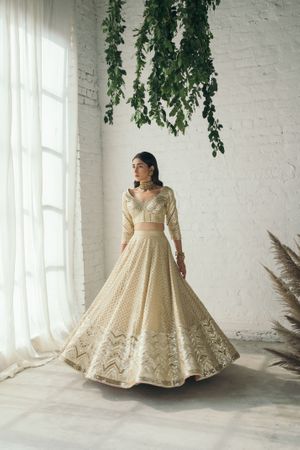 Banarasee Cotton Silk Unstitched Anarkali & Dupatta Fabric Set-Off Whi