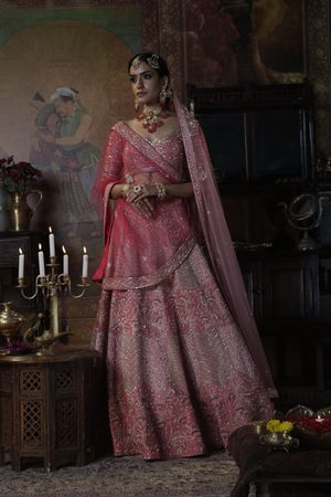 Enthralling Look Stone And Sequins Work Pink Color Bridal Lehenga – Fabvilla
