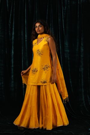 Haldi Functional Mustard Color Faux Georgette Fabric Sharara Suit