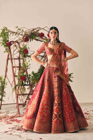 Designer White and Red color lehenga choli with Zari and Sequence, Thr