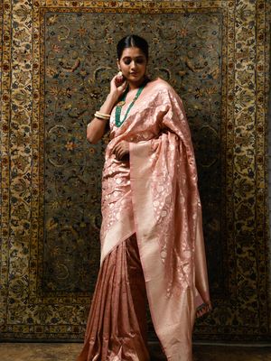 Pure Banarasi Tissue Silk Pastel Pink Handloom Saree Online India – Sunasa