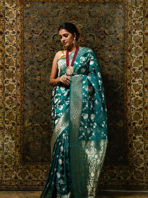 Green sarees for wedding Latest Designer saree women latest design Zardosi  Work Blouse Traditional High Neck