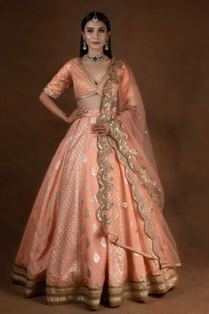 Buy Peach Sequins Net Lehenga Choli With Dupatta Online At Zeel Clothing
