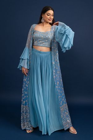 Powder Blue Poly Georgette Cape Top With Draped SkirtS | Indo western  dresses for women, Indo western dress, Western dresses