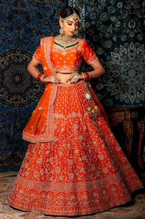 Red and Orange Silk Partywear Lehenga Choli - Inddus.com