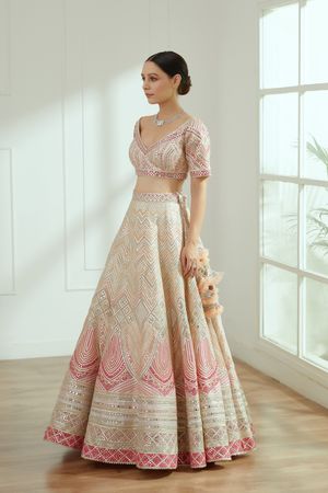 Scaluped Designed Pink Crop top with Lehenga with Classy and Royal Grey  colored Bandhgala Jodhpuri