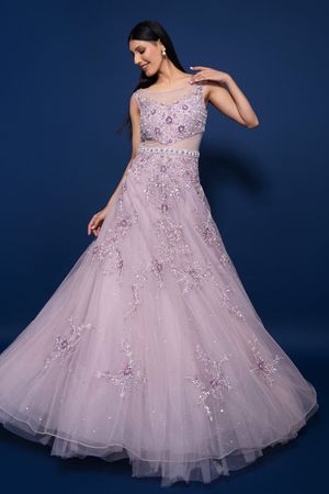Purple Net Sequinned Flared Gown 2