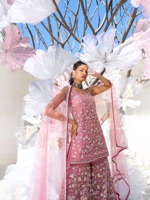 Buy Rose Pink Satin Organza Suit Set For Women Online - Frontierraas
