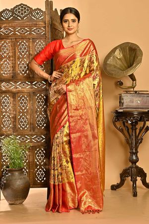 Buy checked Kanjeevaram Silk Saree Online – Gaatakatha