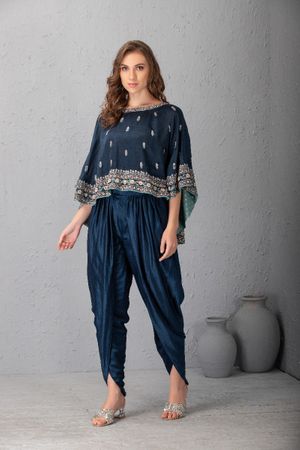 Blue white Flared short cotton kurti with a matching blue dhoti pants .  KALKI Fashion India