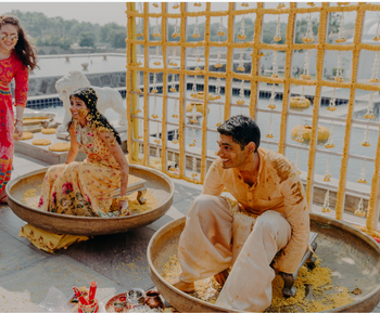 Photo of cute shot of bride and groom on haldi