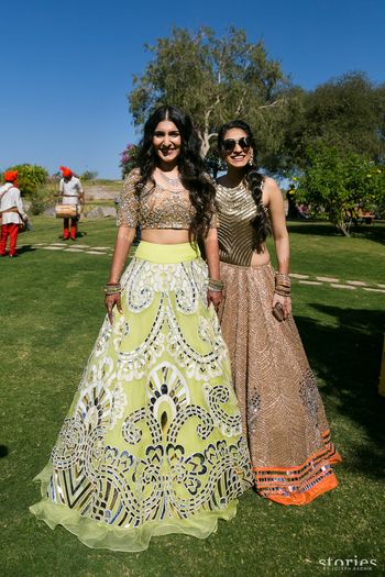Lime green lehenga with mirror work