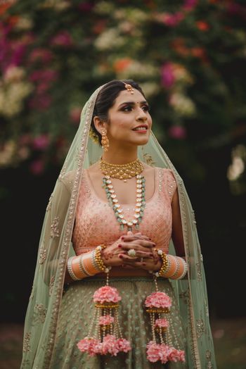 Offbeat bridal lehenga with peach kaleere and Choora