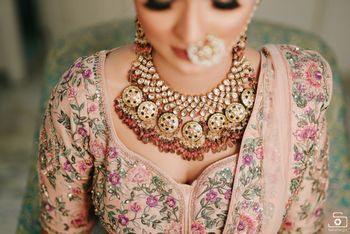 pastel and gold bridal necklace with light pink beads 