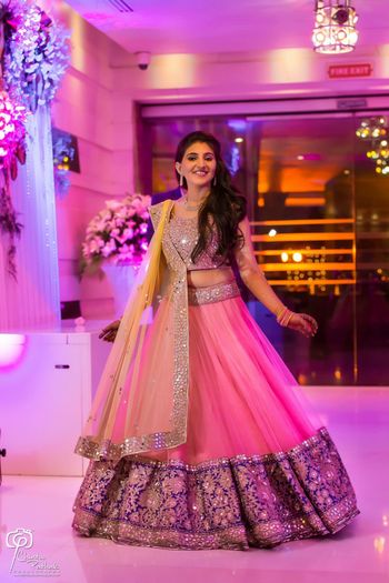 Light pink and blue net lehenga for engagement