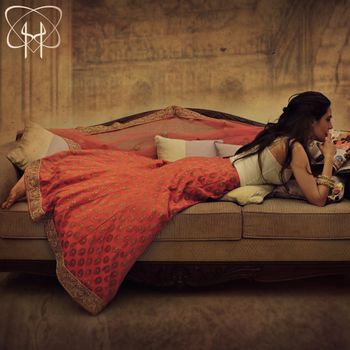 Photo of orange banarsi lehenga with sleeveless blouse