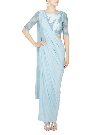 Powder blue saree gown with beaded blouse