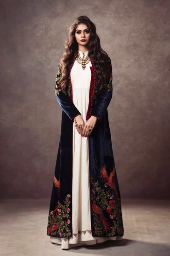 royal blue velvet jacket with off white anarkali
