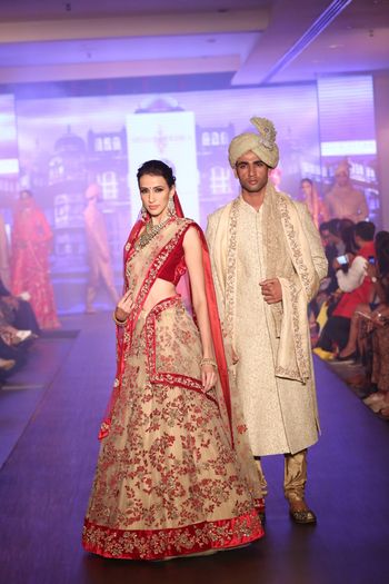 red and beige bridal lehenga