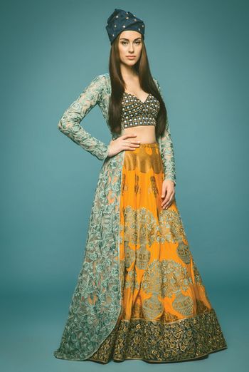 yellow and blue lehenga