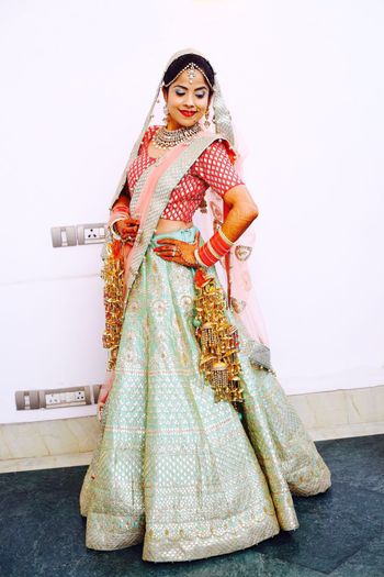Photo of pale blue gota patti lehenga