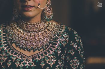 Heavy bridal bib necklace with green beads 